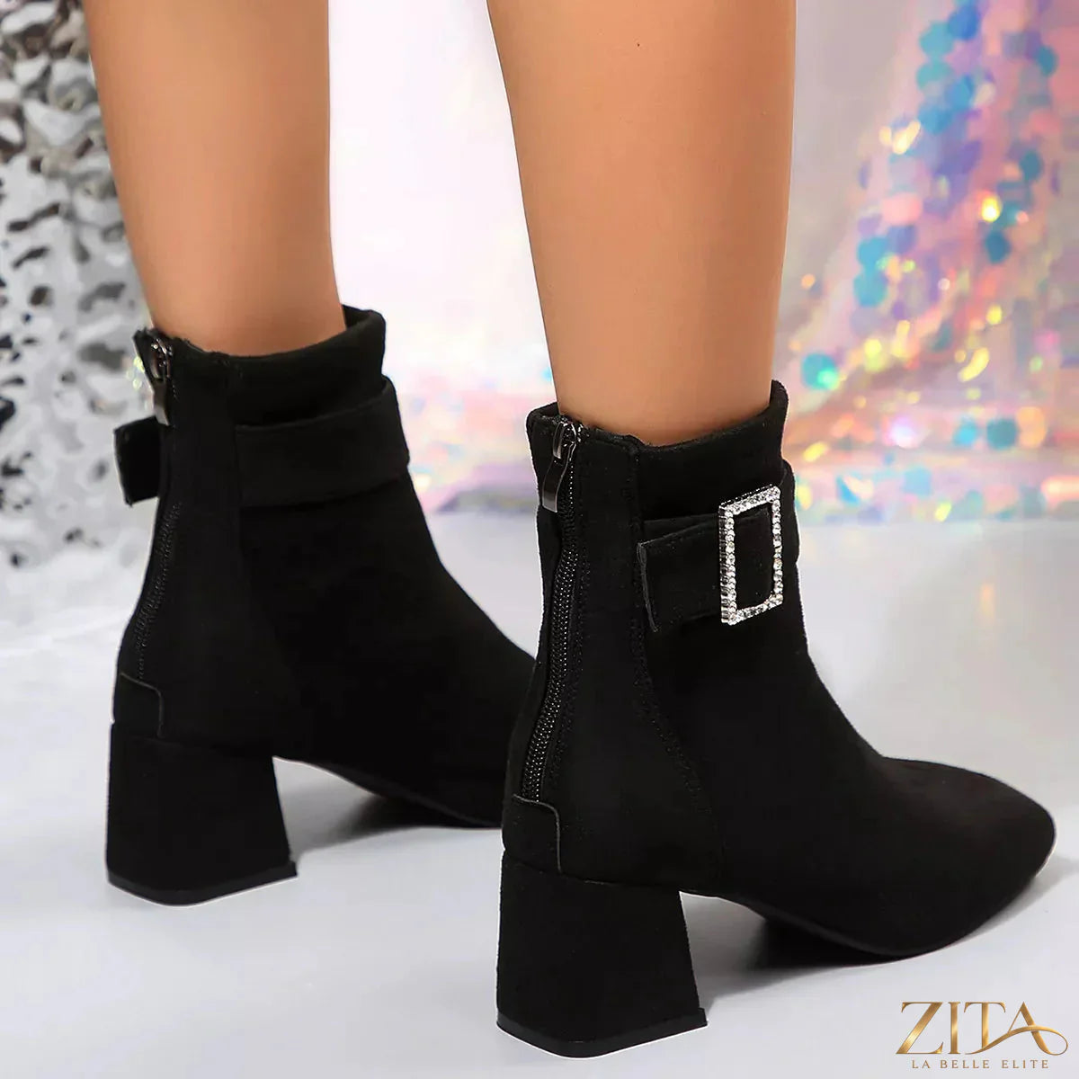 Zita La Belle Elite round toe block heel boots in black leather, featuring a stylish chunky heel and sleek ankle design.