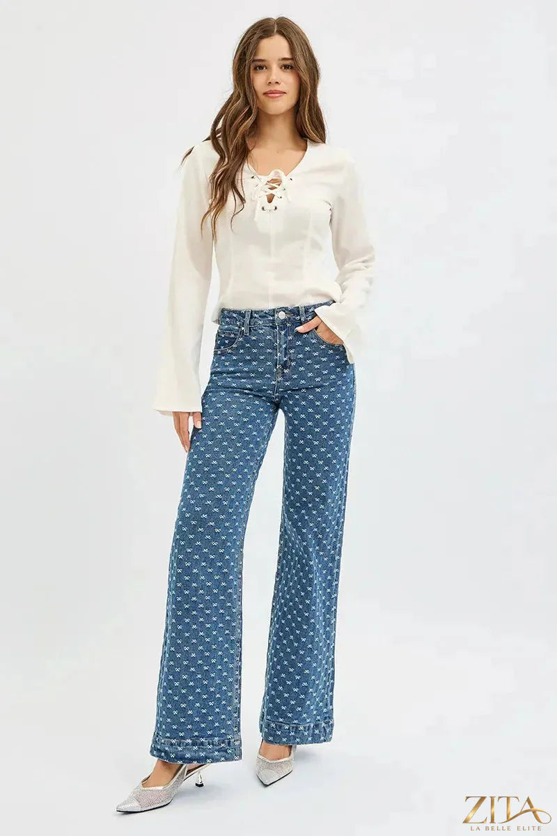 Zita La Belle Elite RISEN high rise wide leg jeans with bow embroidery, showcasing a stylish denim design with embroidered details.
