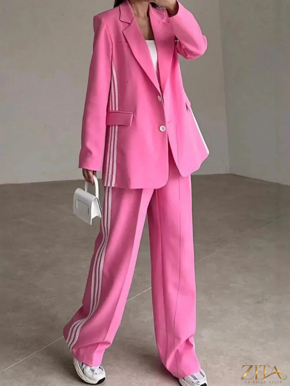 Zita La Belle Elite side striped long sleeve blazer and matching pants set, stylish tailored outfit for women.