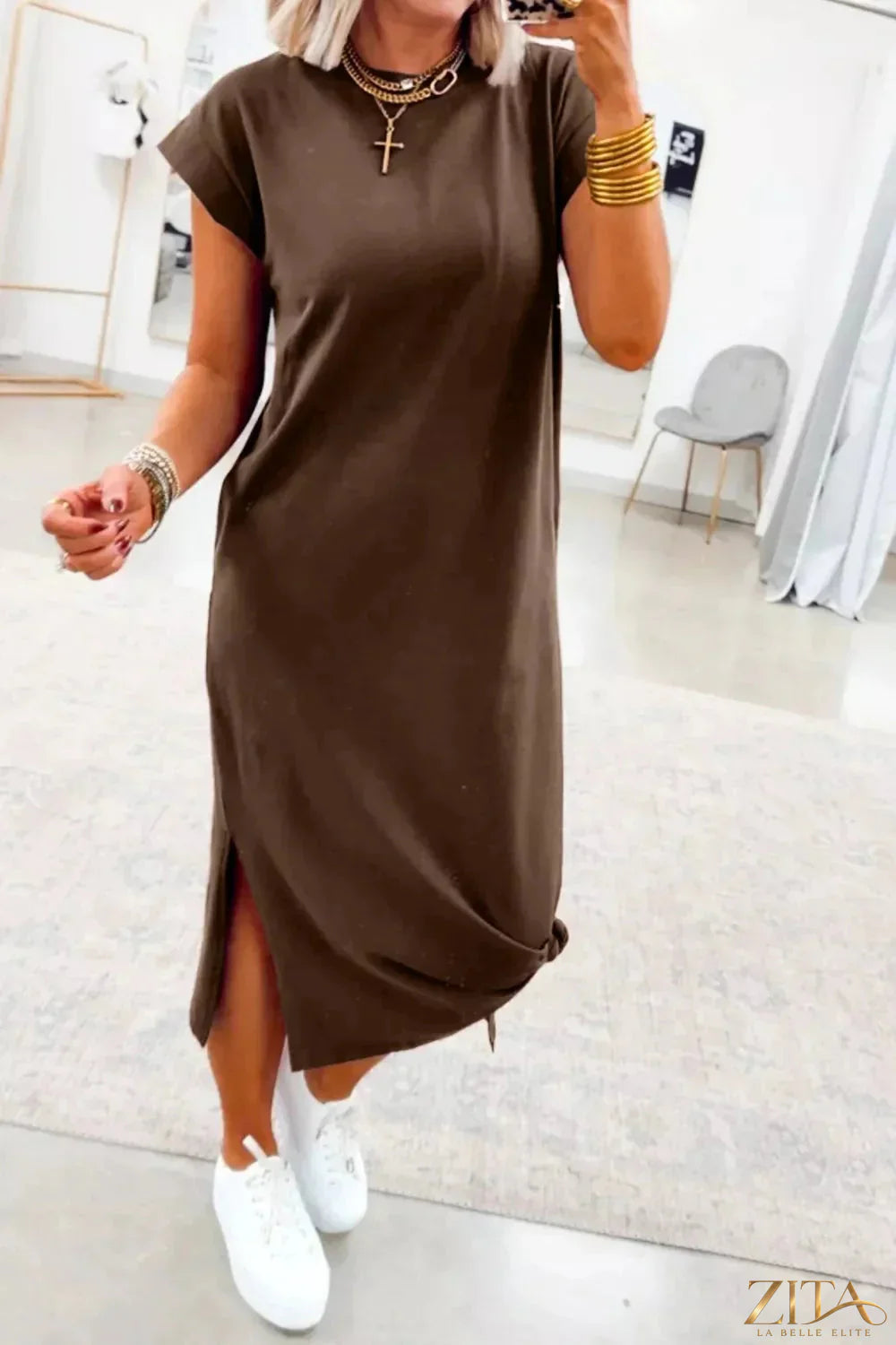 Zita La Belle Elite casual slit T-shirt dress in soft fabric, featuring a relaxed fit and side slit for a stylish, comfortable look.