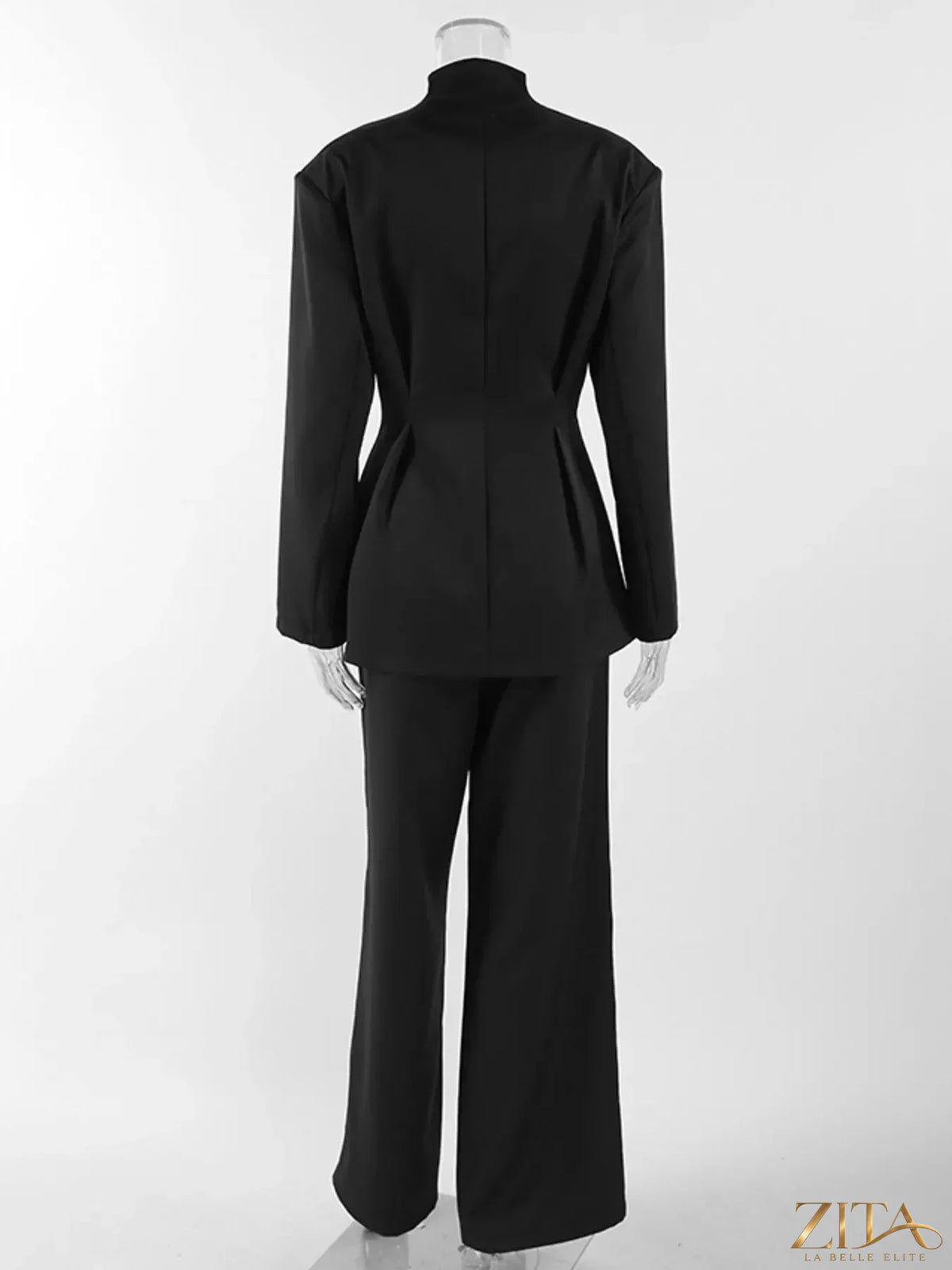 Zita La Belle Elite chic button-down pleated blazer and wide-leg pants suit set, tailored and stylish for professional or formal occasions.