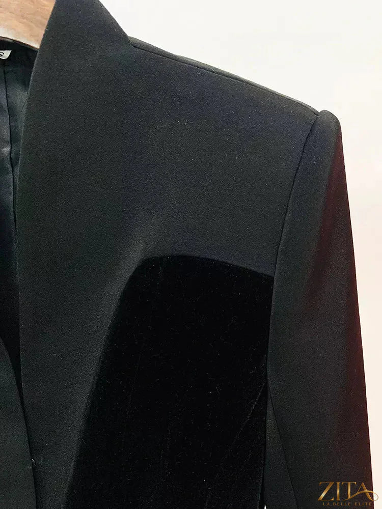 Zita La Belle Elite velvet-paneled blazer with stand-up collar, tailored fit, featuring soft velvet fabric and stylish design.