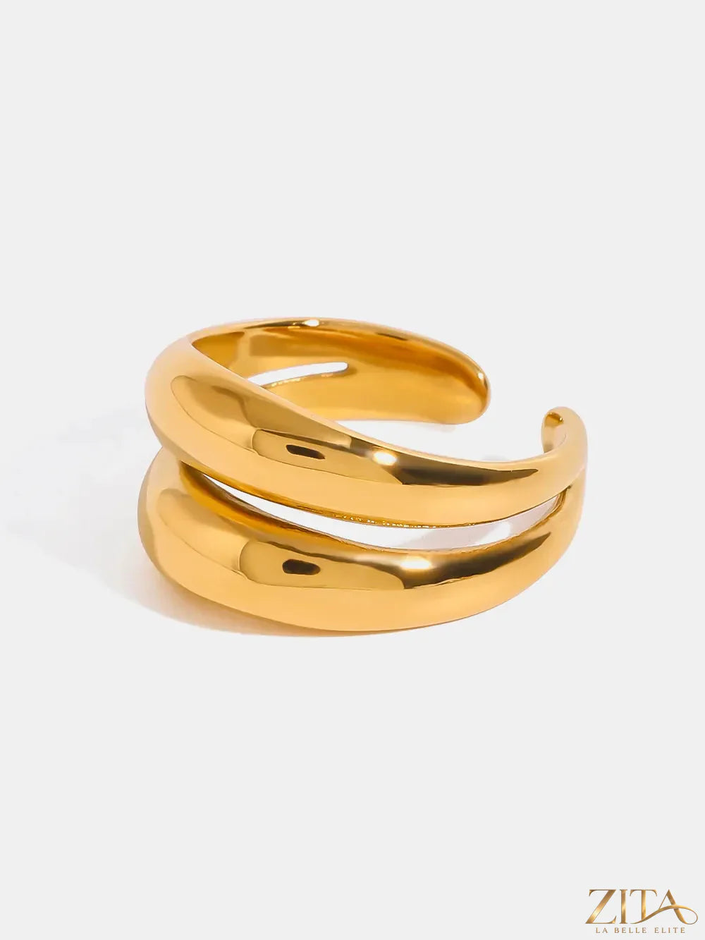 Stainless steel double-layered ring from Zita La Belle Elite with sleek, modern design featuring two intertwined bands.