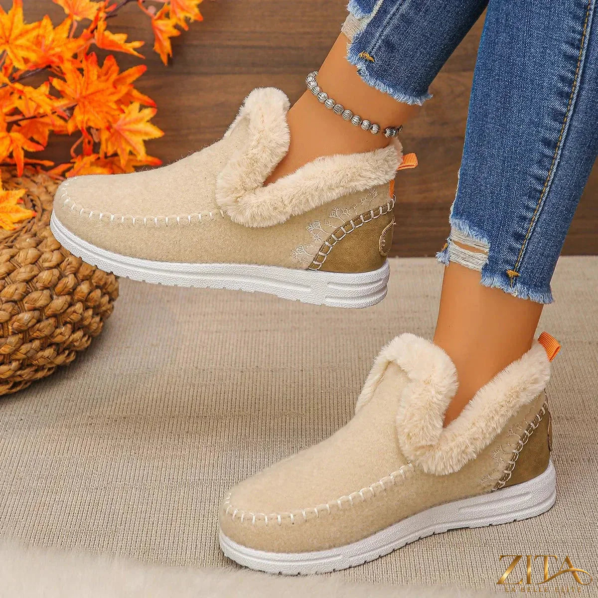 Zita La Belle Elite round toe fleece-lined ankle boots in neutral color, showcasing cozy winter footwear with sturdy soles.