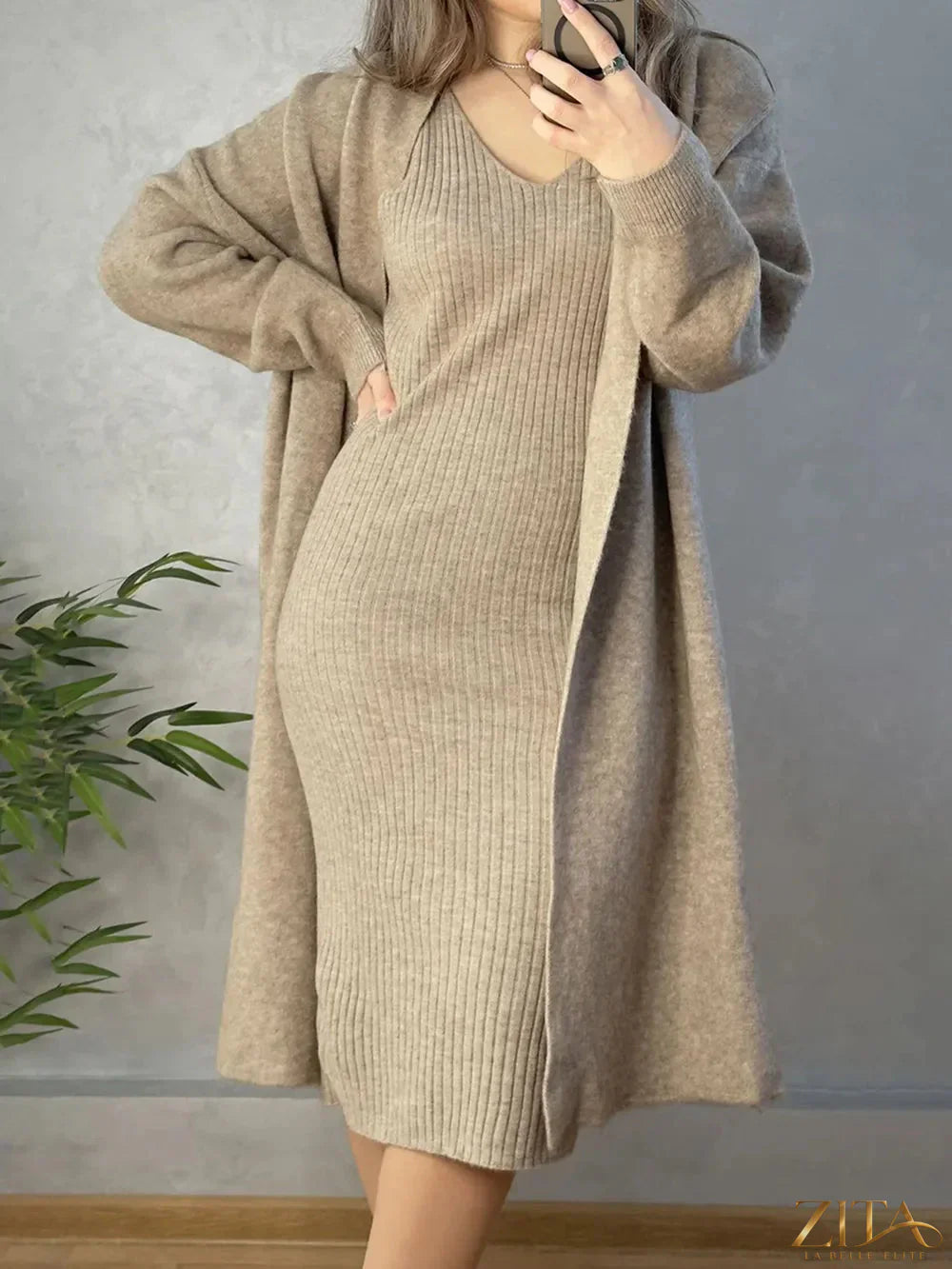 Zita La Belle Elite V-neck cami dress with open front cardigan sweater set, featuring a stylish and comfortable layered look.