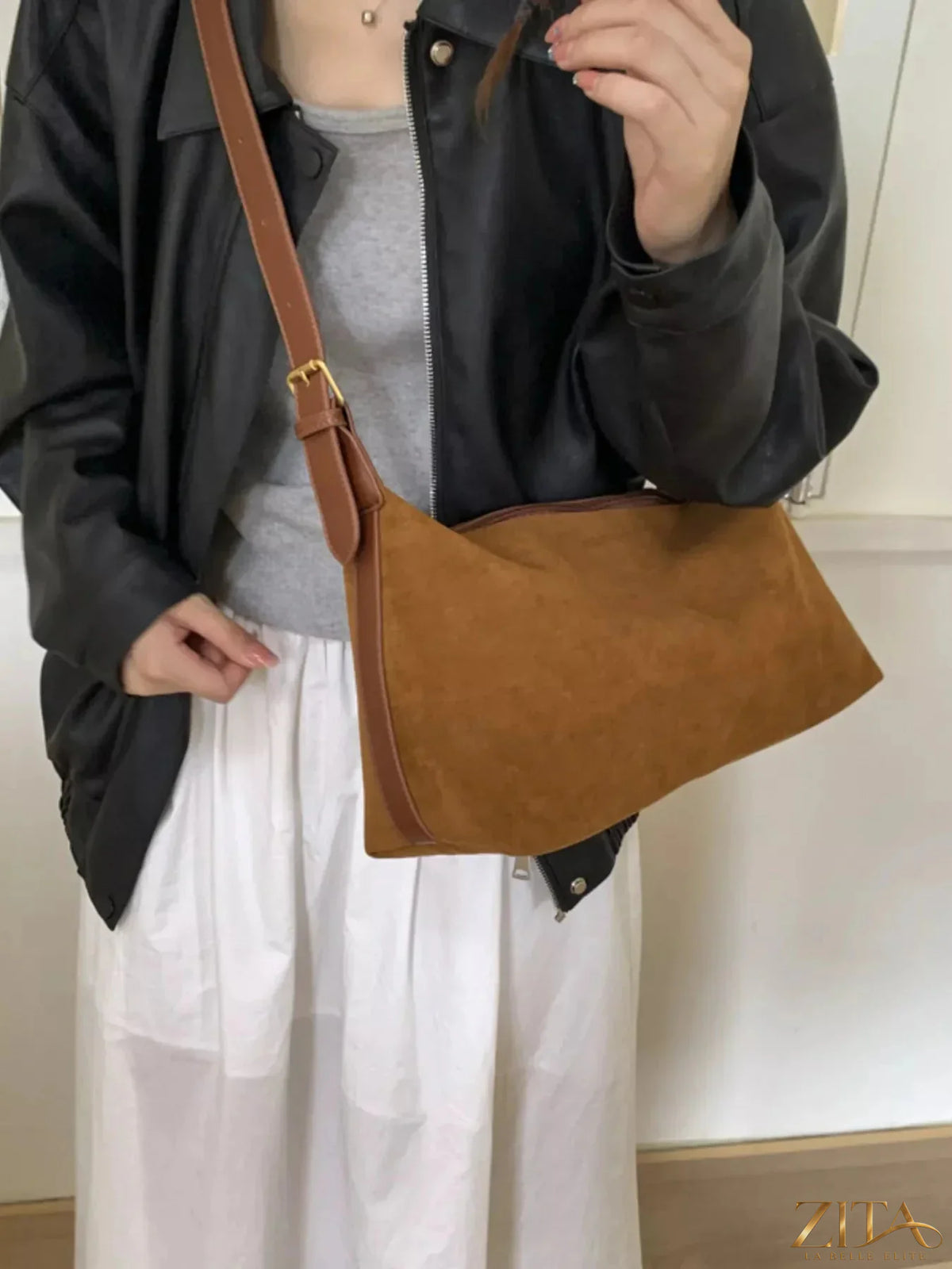 Zita La Belle Elite solid color suede hobo crossbody bag with rounded shape and adjustable strap, stylish and versatile accessory