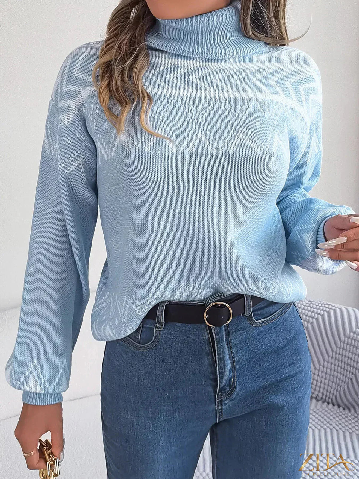 Zita La Belle Elite turtleneck dropped shoulder sweater in cozy knit fabric, featuring a relaxed fit and ribbed cuffs.
