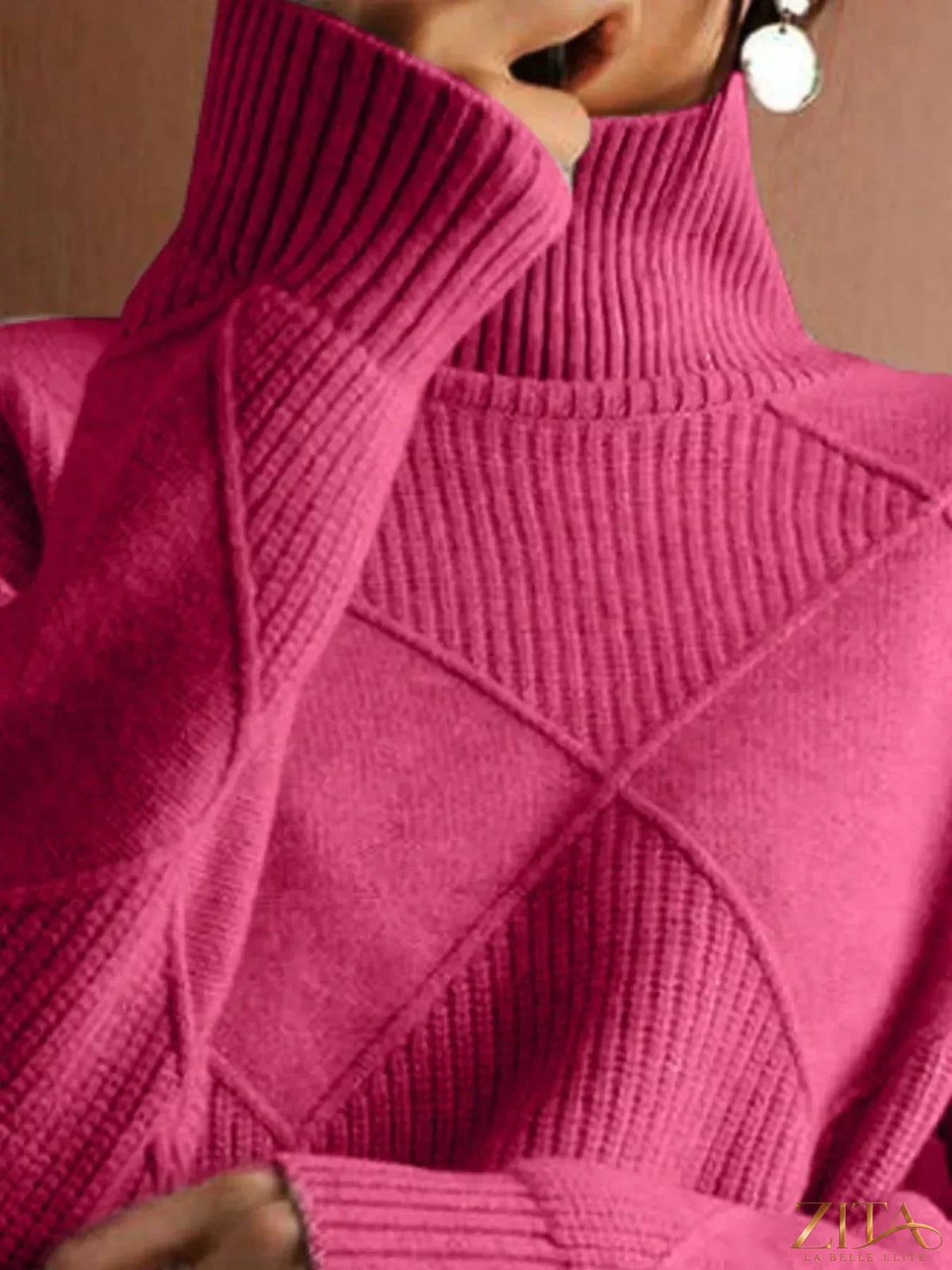 Zita La Belle Elite argyle pattern turtleneck sweater in classic knit with multicolor diamond design and cozy fit.