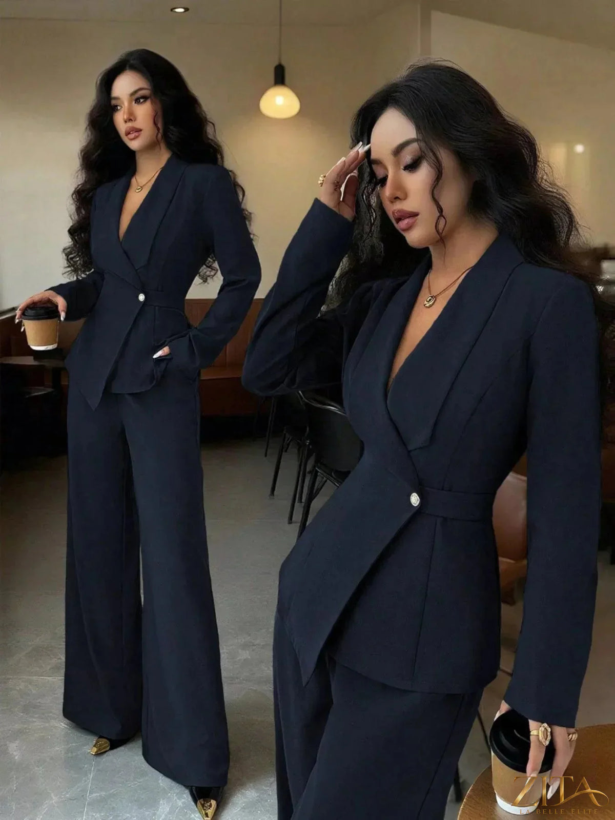 Zita La Belle Elite one button blazer and matching pants set, tailored fit with a classic design, shown on a mannequin.