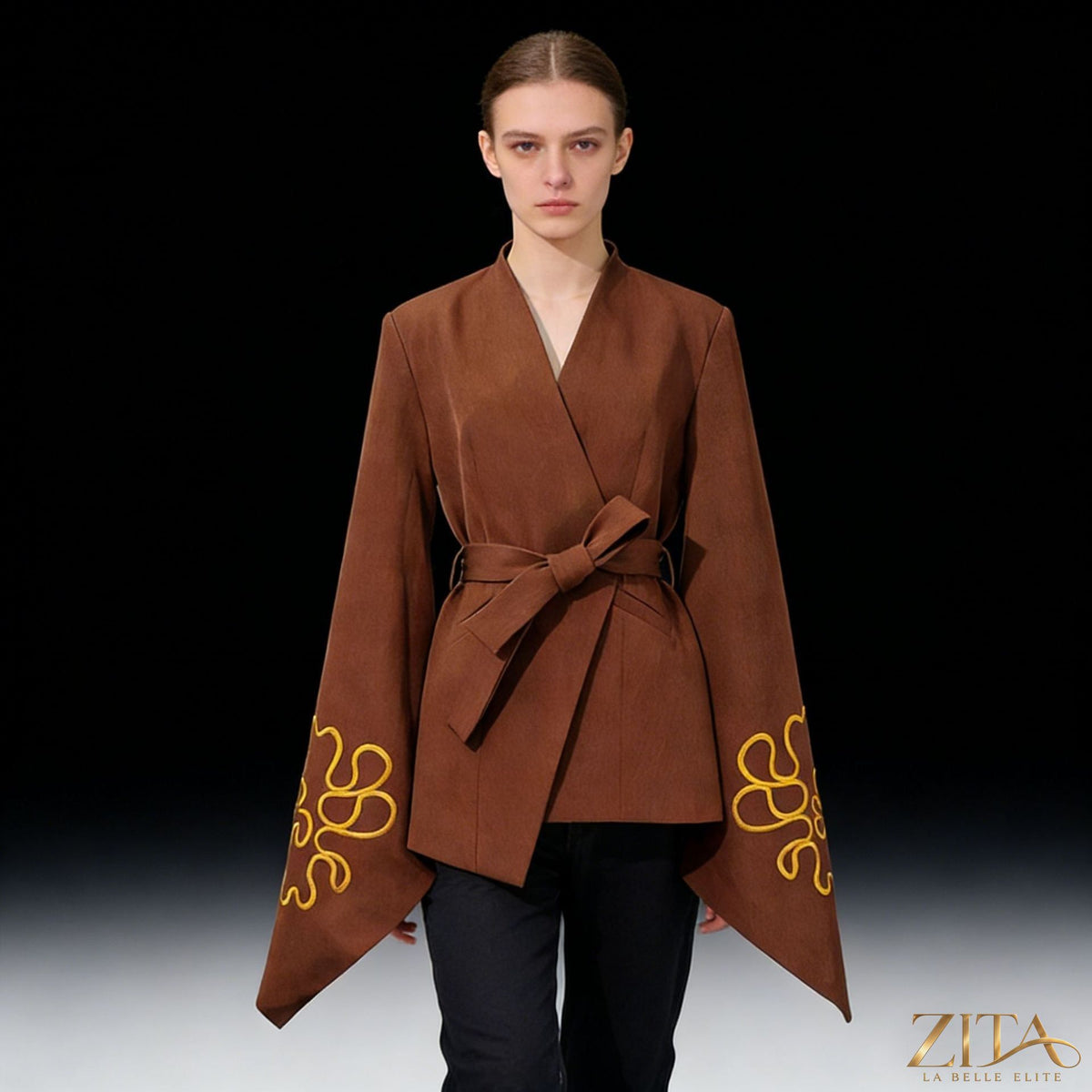 Embroidered slim-fit blazer with flared sleeves from Zita La Belle Elite, featuring detailed embroidery and tailored design.