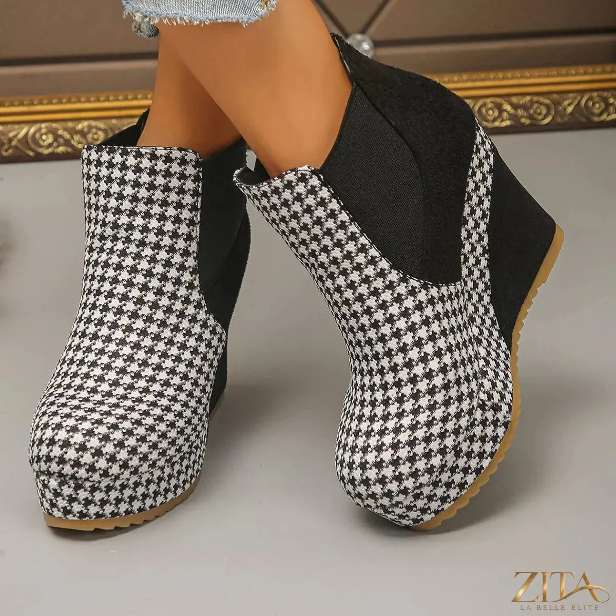 Zita La Belle Elite houndstooth pattern wedge ankle boots with pointed toes and chunky heels, stylish and trendy footwear.