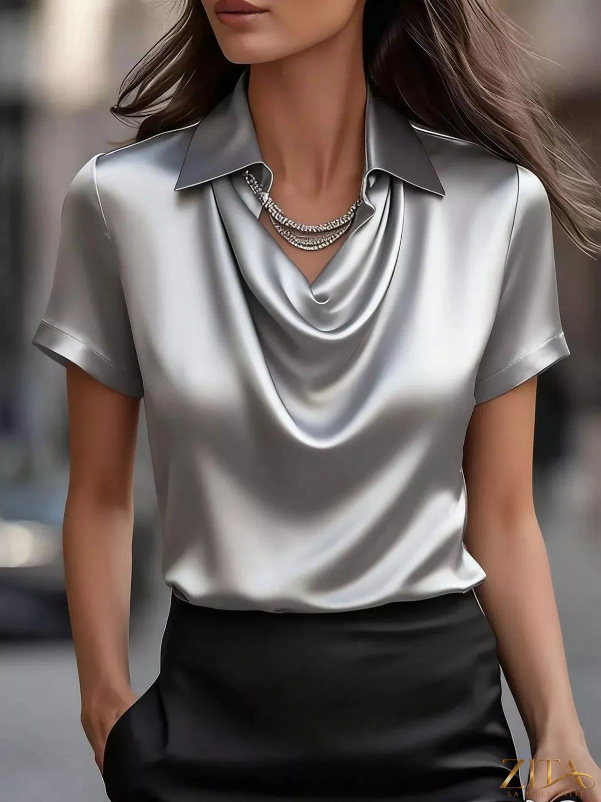 Plus size satin cowl neck blouse by Zita La Belle Elite, featuring a sleek, smooth fabric and elegant draped neckline.