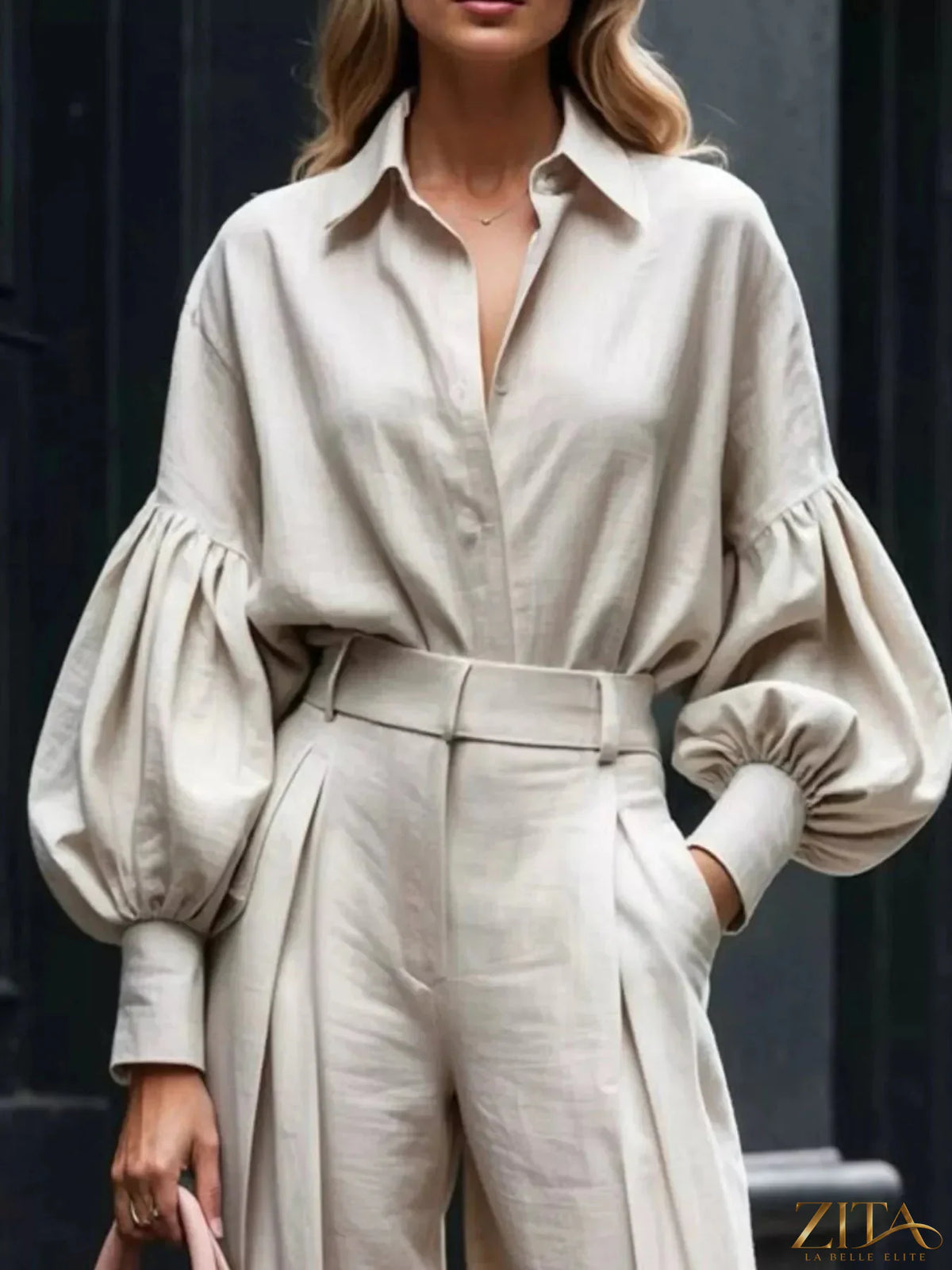 Zita La Belle Elite lantern sleeve shirt and wide-leg pants set in soft fabric, featuring stylish lantern sleeves and flowing wide-leg pants.