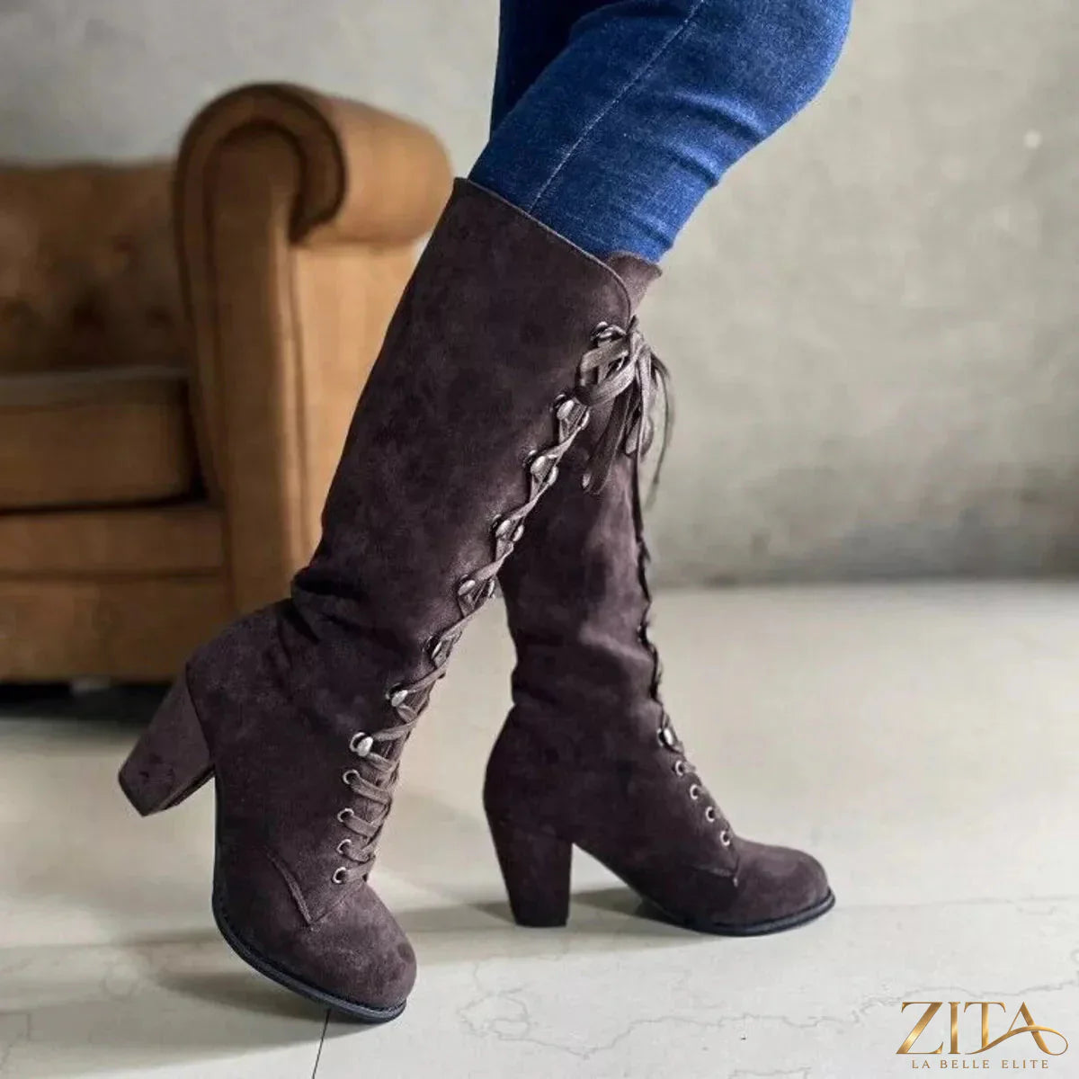 Zita La Belle Elite lace-up block heels boots in black leather, featuring chunky heels and stylish ankle design.