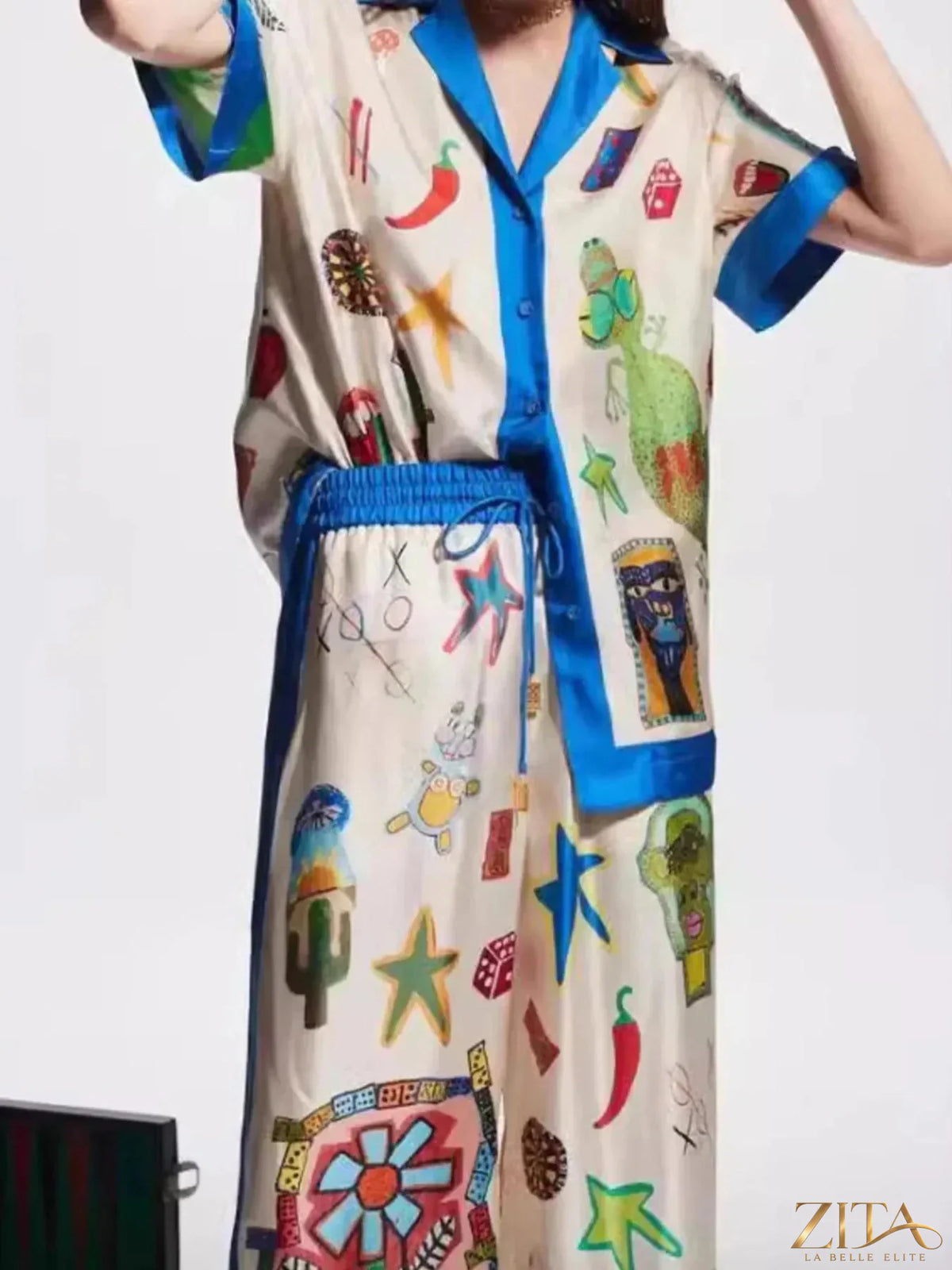 Zita La Belle Elite printed button-up shirt and matching pants set, stylish casual outfit with colorful pattern and tailored fit.