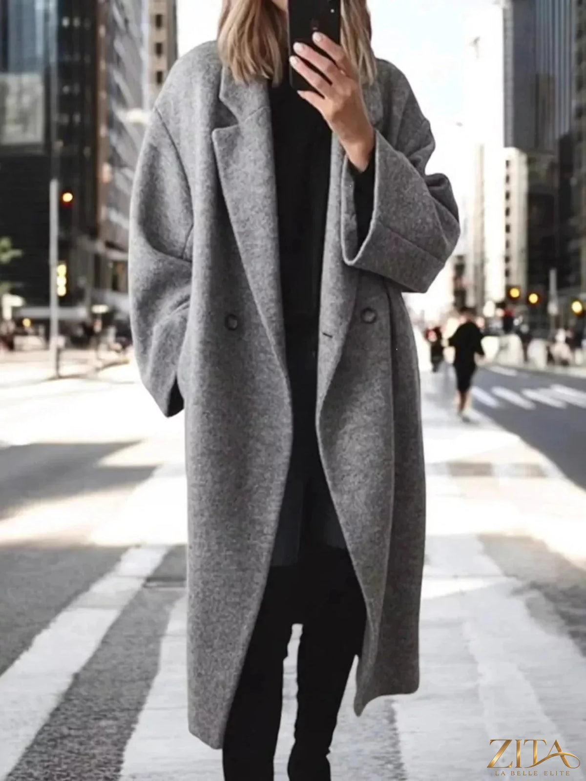 Plus size Zita La Belle Elite wool blend longline coat with lapel collar, full size lapel collar, and stylish design.