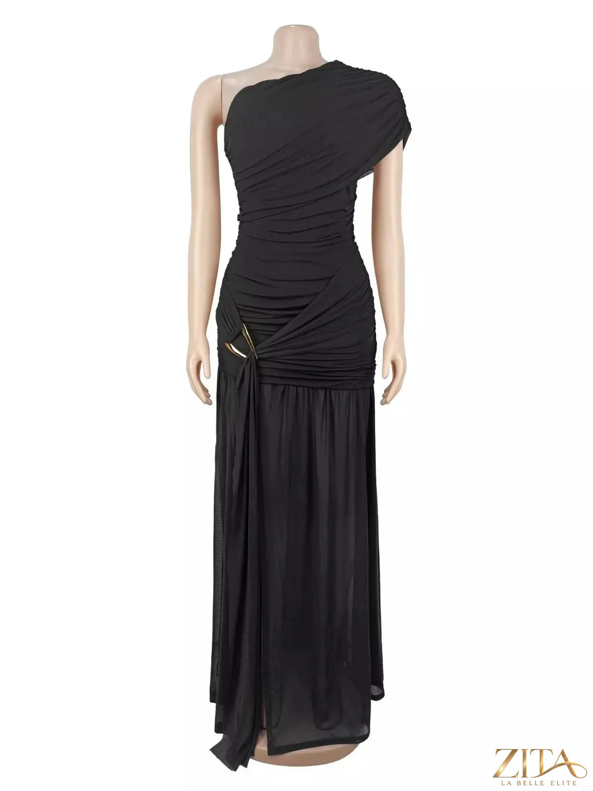 Zita La Belle Elite one-shoulder ruched high-slit evening dress showing elegant design and flowing fabric on a model.