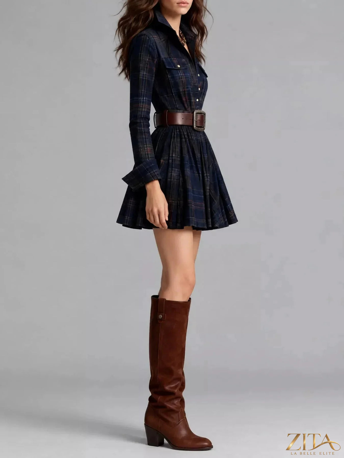Zita La Belle Elite plaid long-sleeve shirt dress with button front and collar, in a stylish checkered pattern.
