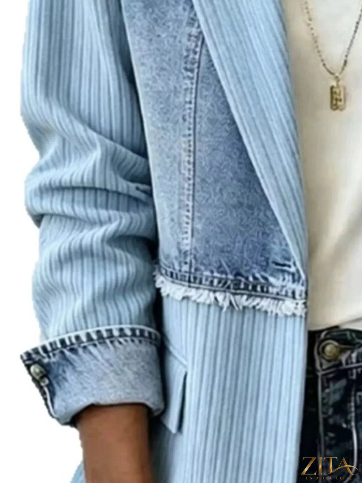 Plus size patchwork denim blazer with ribbed details from Zita La Belle Elite, showcasing a full-length fit and stylish design.