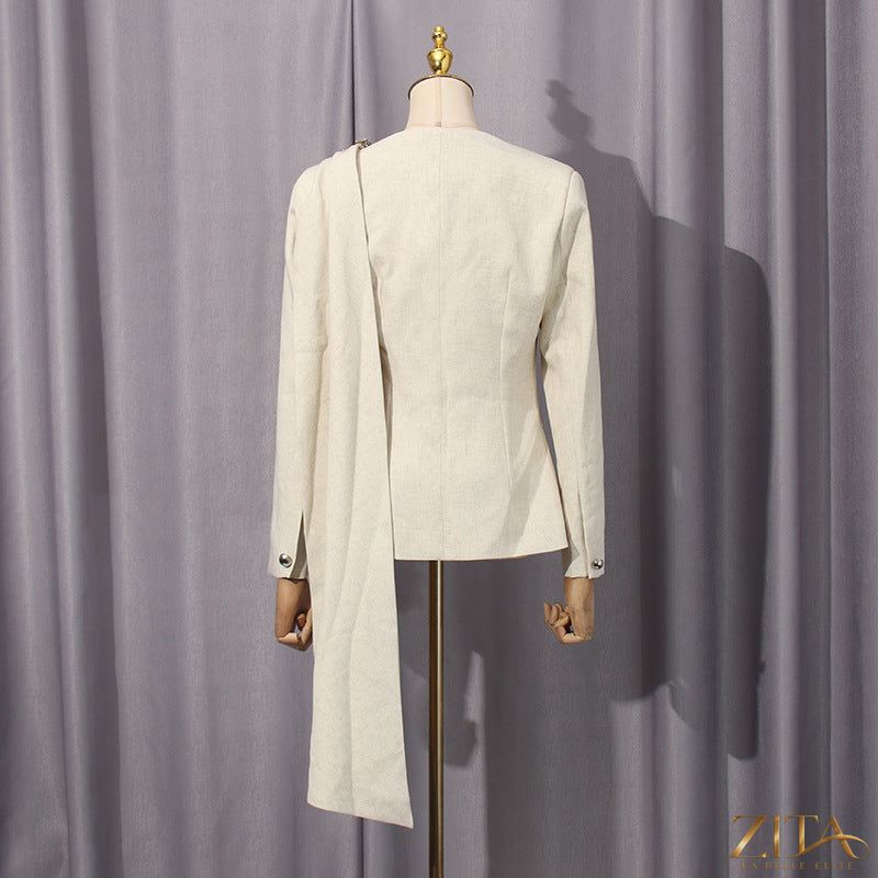 Zita La Belle Elite chic blazer with scarf collar, tailored fit, suitable for petite women, styled as part of a suit set.