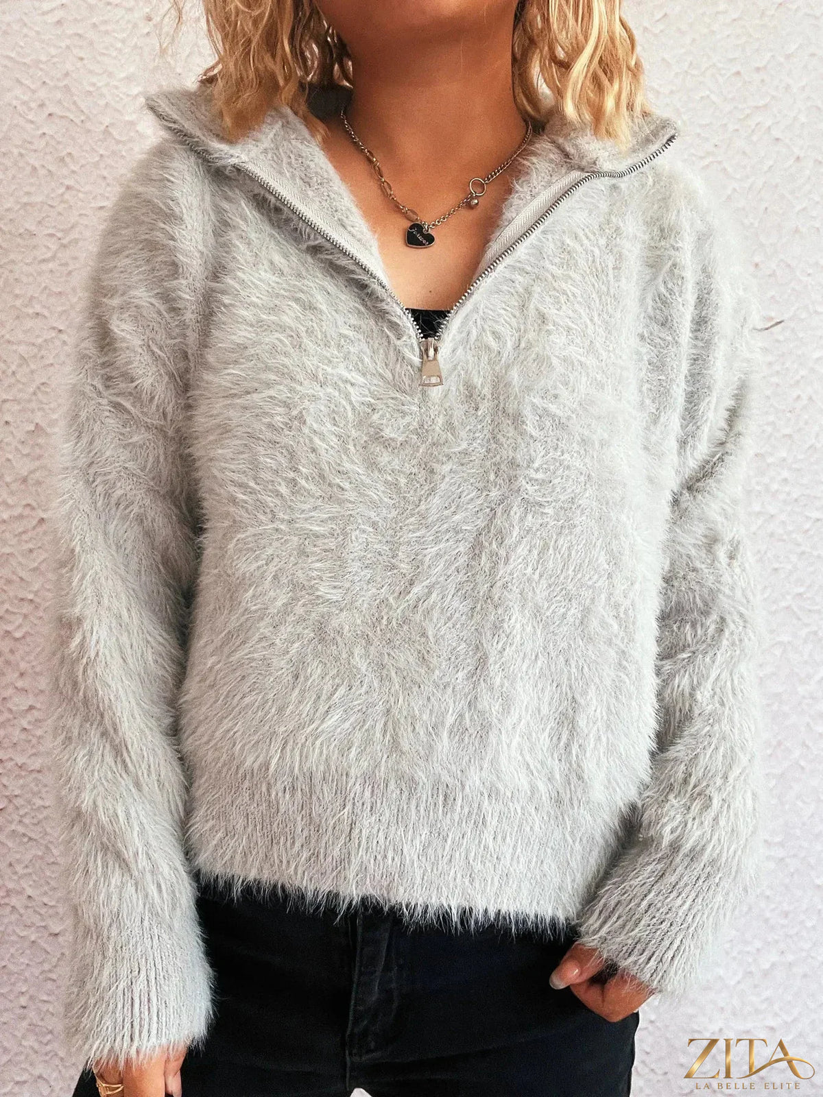 Zita La Belle Elite cozy fuzzy half-zip sweater in soft fabric, featuring a high collar and relaxed fit.