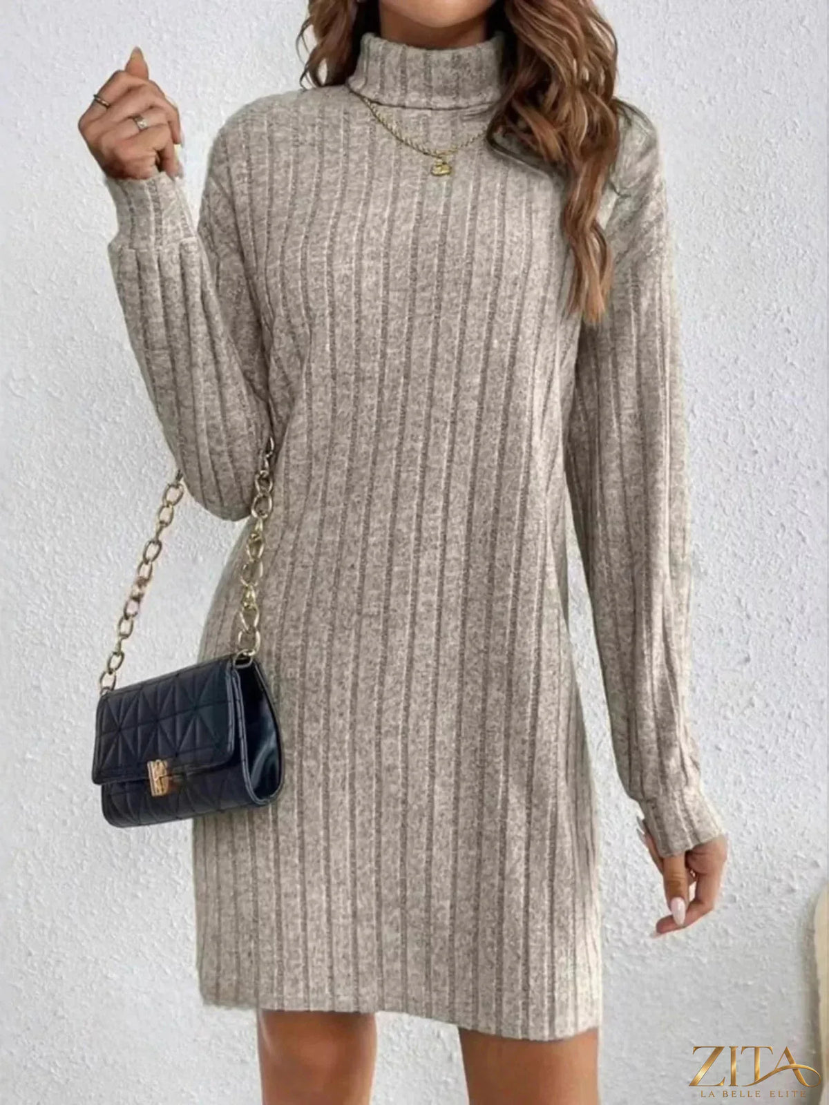 Casual ribbed turtleneck long sleeve mini dress by Trendsi, featuring a fitted silhouette and textured fabric.