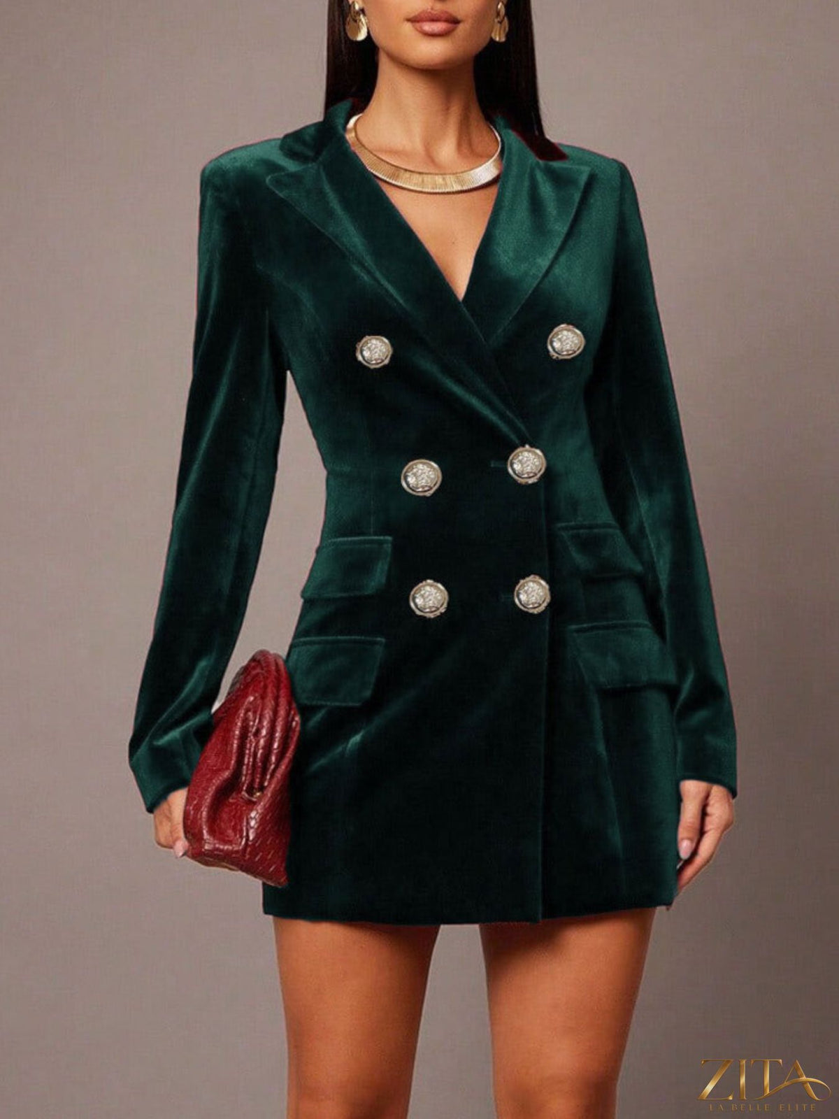 Velvet double-breasted blazer dress by Zita La Belle Elite, featuring a fitted silhouette and elegant lapel design.
