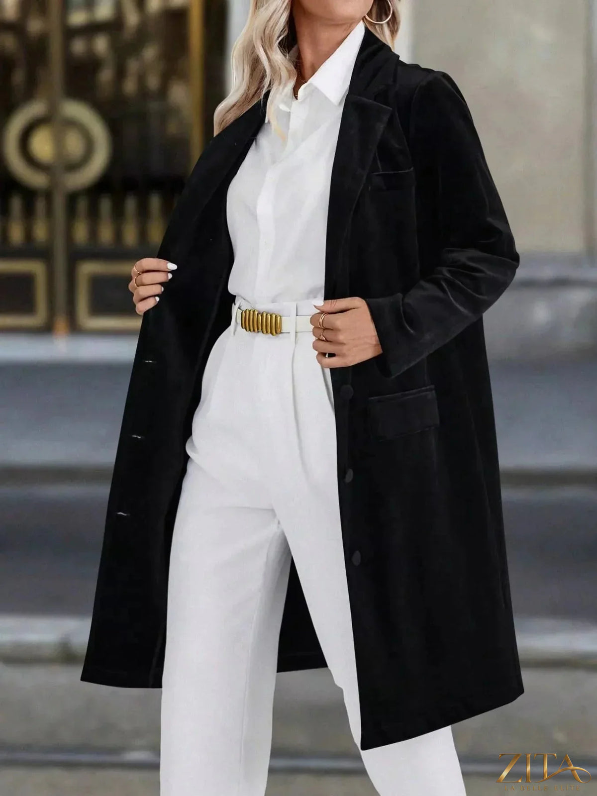 Zita La Belle Elite longline coat with lapel collar and long sleeves, shown in a stylish, tailored design.