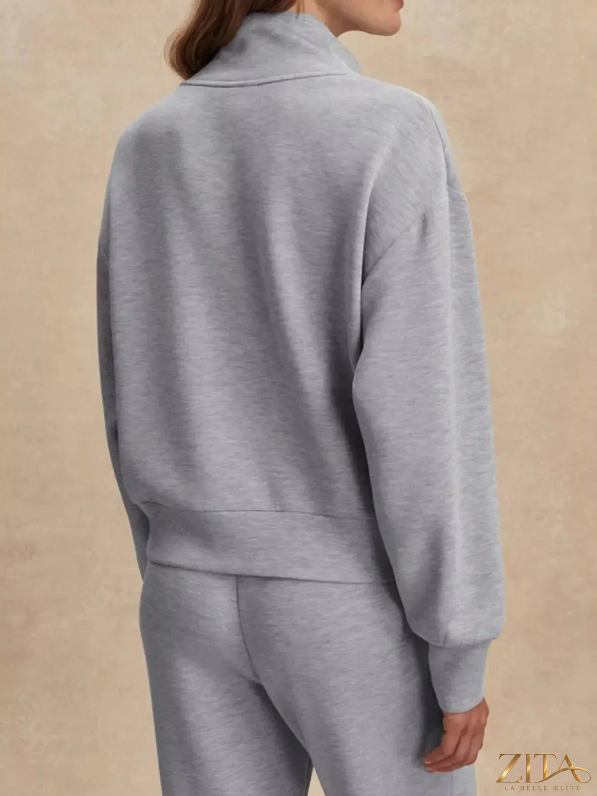 Zita La Belle Elite quarter-zip sweatshirt and wide-leg pants set, soft fabric, stylish casual wear, front view.