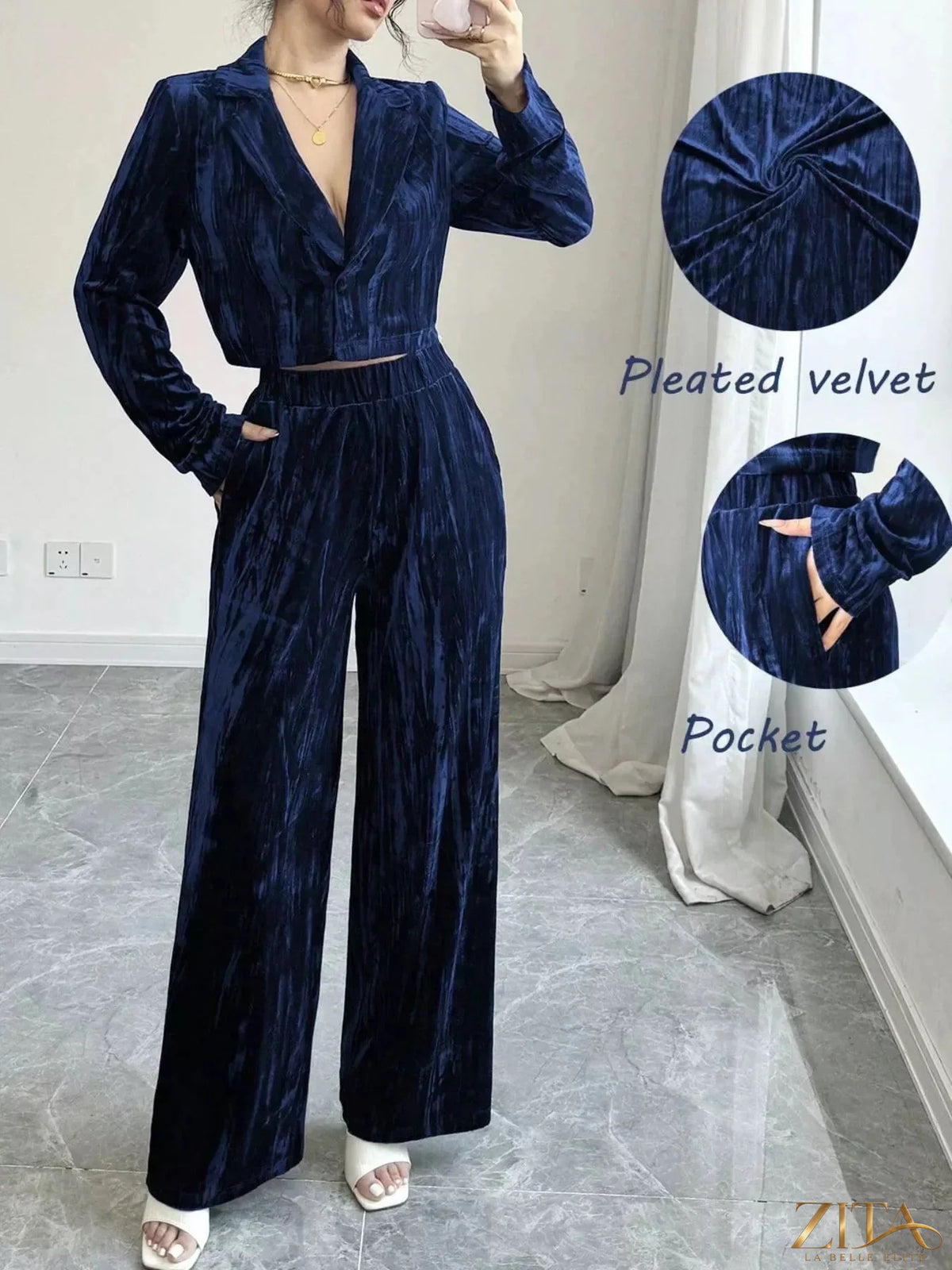 Zita La Belle Elite pleated velvet blazer and wide-leg pants set, stylish and chic formal outfit with textured fabric and tailored fit.