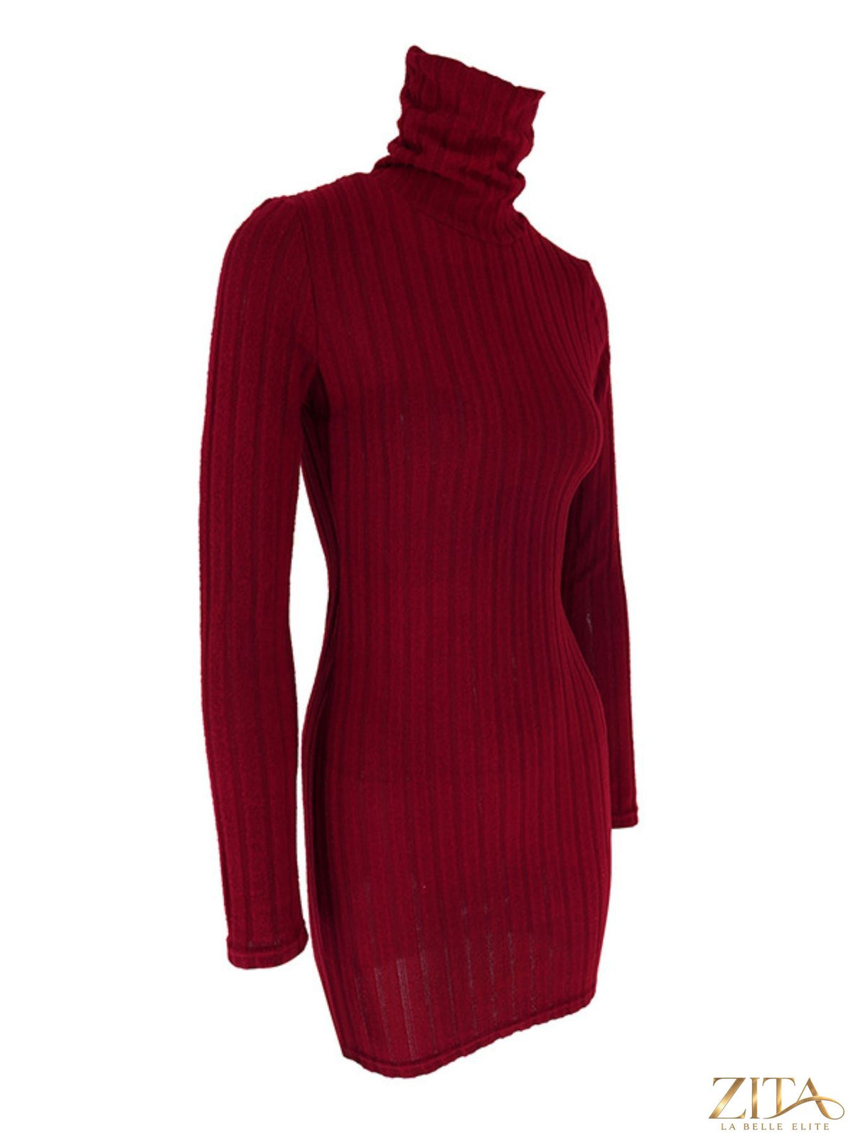 Ribbed black turtleneck bodycon mini dress by Trendsi, close-up of fitted silhouette and high neckline on mannequin.