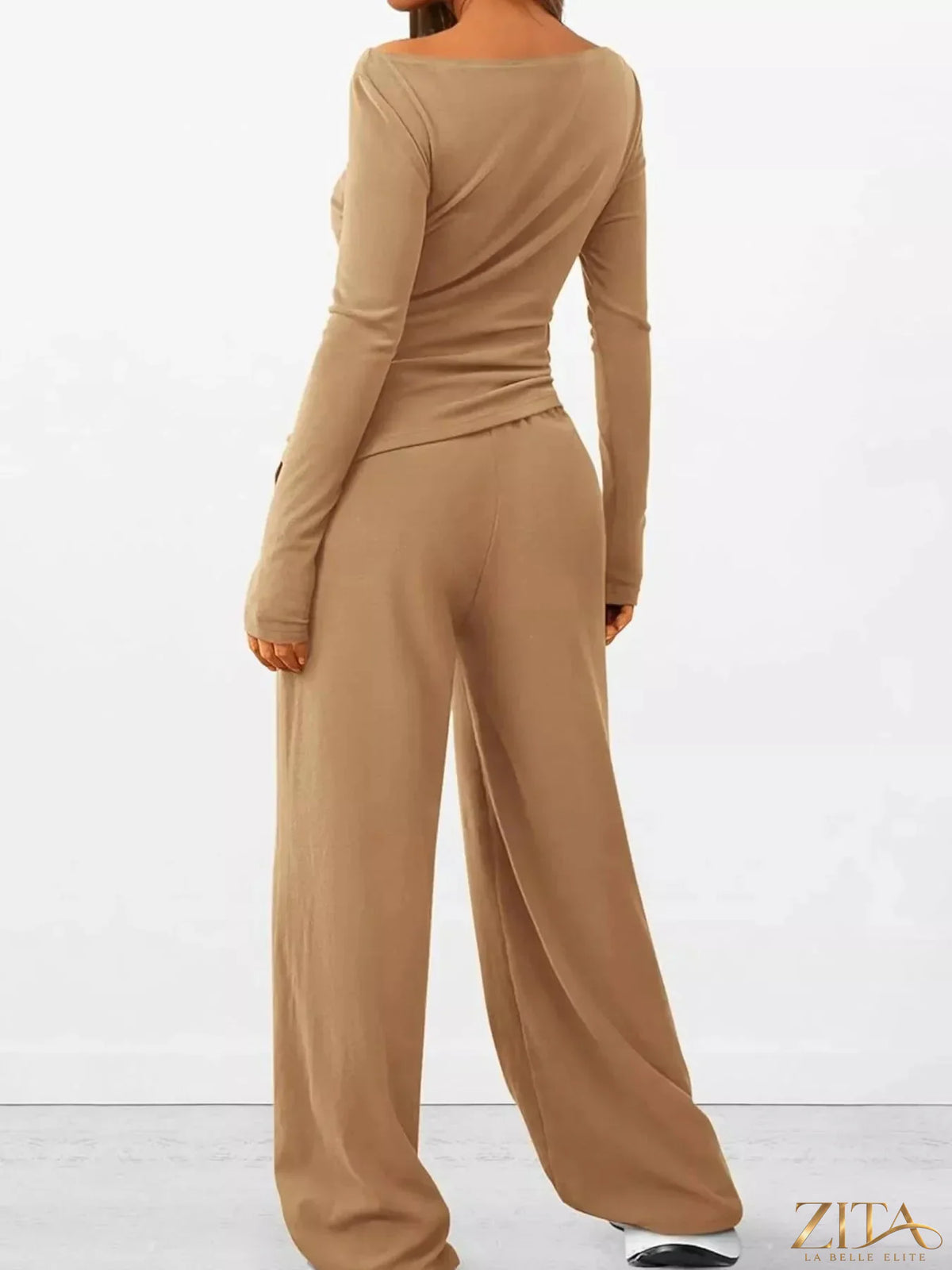 Zita La Belle Elite long sleeve top and wide leg pants set in stylish fabric, showing the elegant fit and design details.