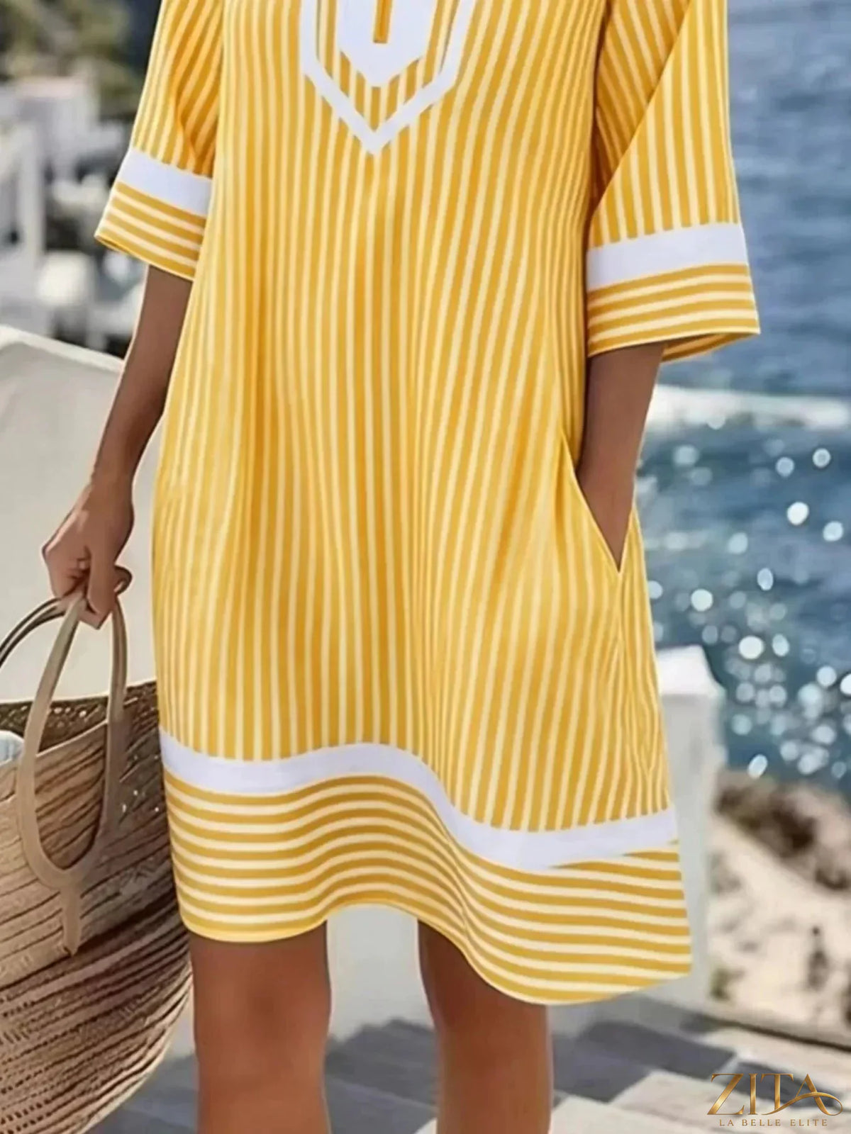 Full size striped V-neck casual dress by Zita La Belle Elite, featuring a comfortable fit and stylish design.