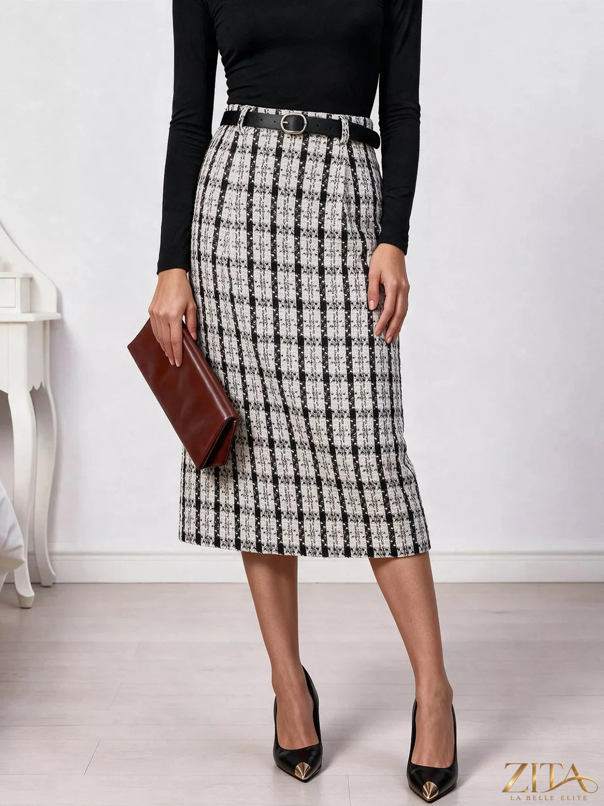 Zita La Belle Elite high-waisted tweed plaid midi skirt with classic pattern and tailored fit, styled for a sophisticated look.