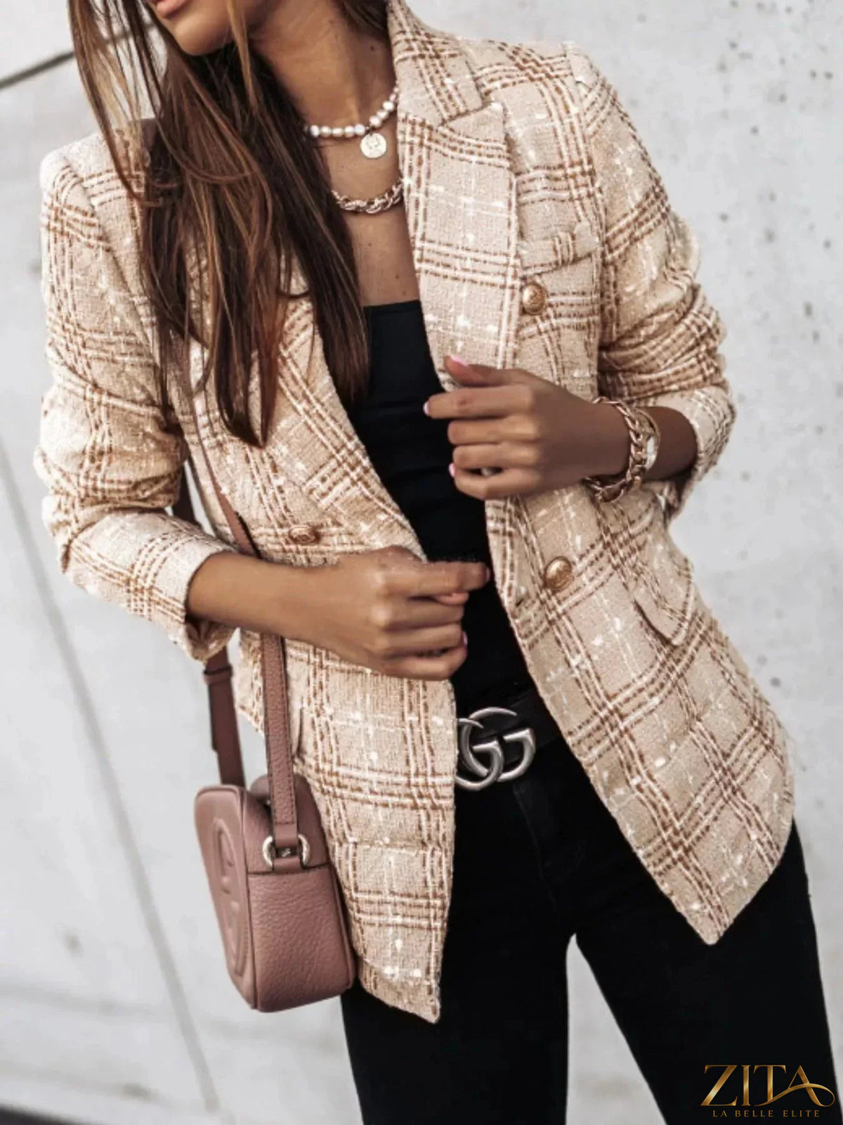 Plus size plaid tweed double-breasted blazer by Zita La Belle Elite, featuring a tailored fit and classic design.