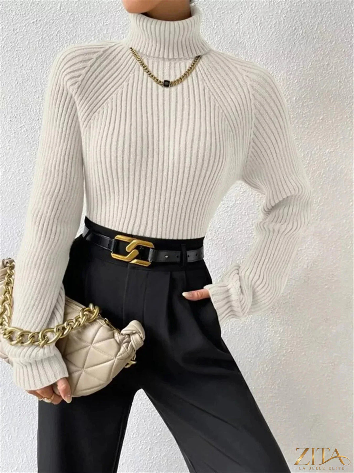 Zita La Belle Elite ribbed knit turtleneck sweater in a cozy, fitted style with a high neckline and textured ribbed fabric.