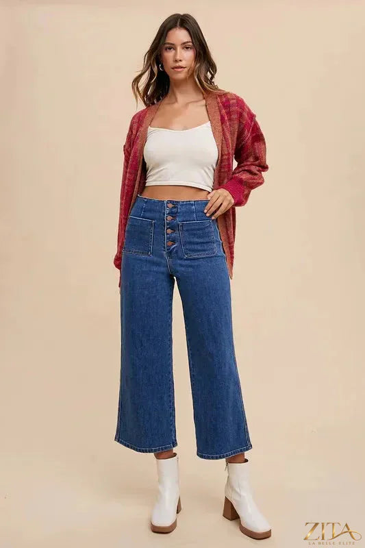 Zita La Belle Elite Annie Wear button fly high waist jeans showing denim fabric, high waist design, and button closure.