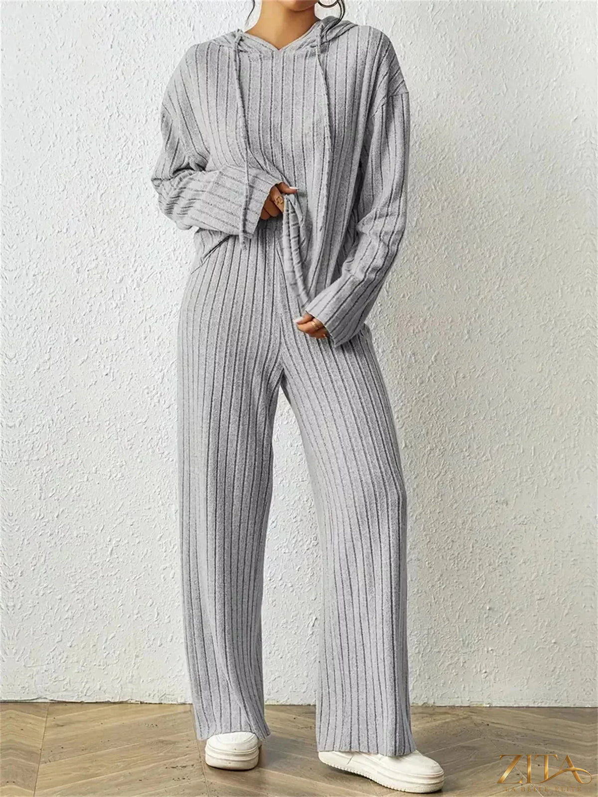 Zita La Belle Elite ribbed drawstring hoodie and matching pants set, casual loungewear with ribbed texture and adjustable drawstrings.