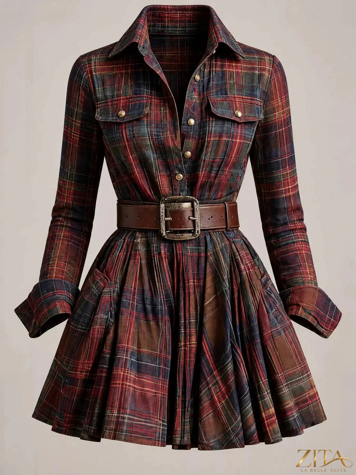 Zita La Belle Elite plaid long-sleeve shirt dress with button closure and collar, in a classic checkered pattern.