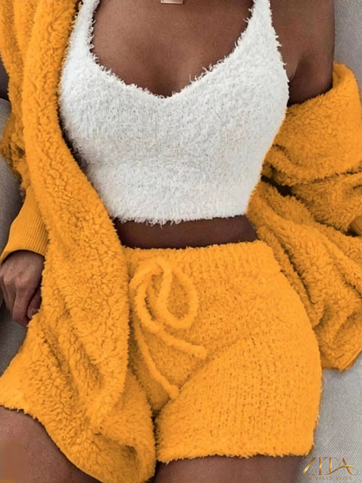 Plus size fuzzy plush cardigan lounge set by Zita La Belle Elite, featuring cozy, soft fabric and relaxed fit for comfortable lounging.