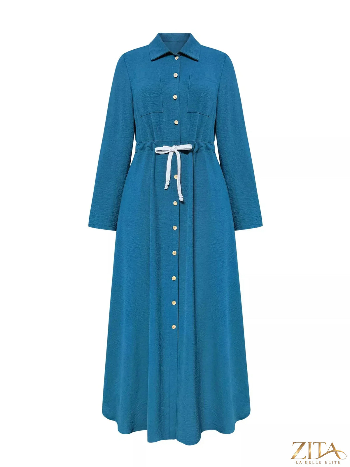 Zita La Belle Elite button-down long sleeve dress in fabric with a collar and front buttons, styled with a relaxed fit.
