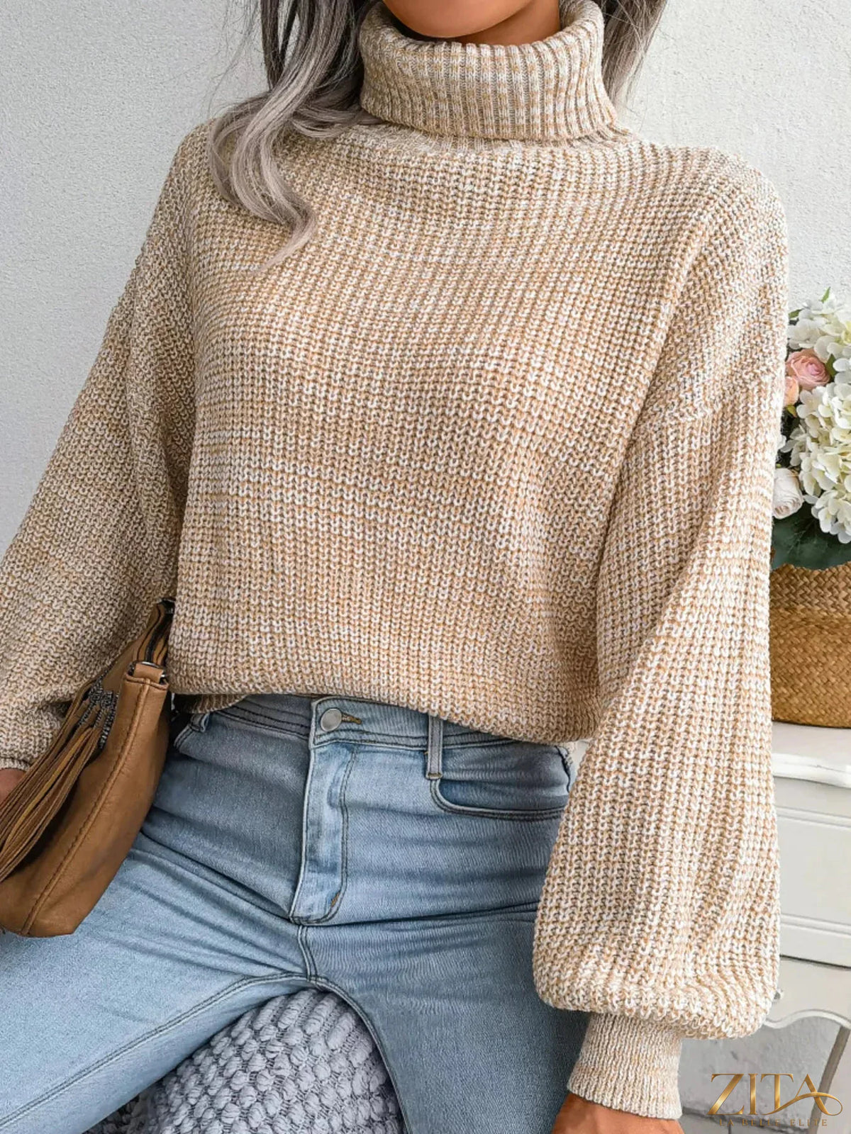 Trendsi turtleneck dropped shoulder sweater in soft knit fabric, featuring a cozy design and relaxed fit for casual wear.