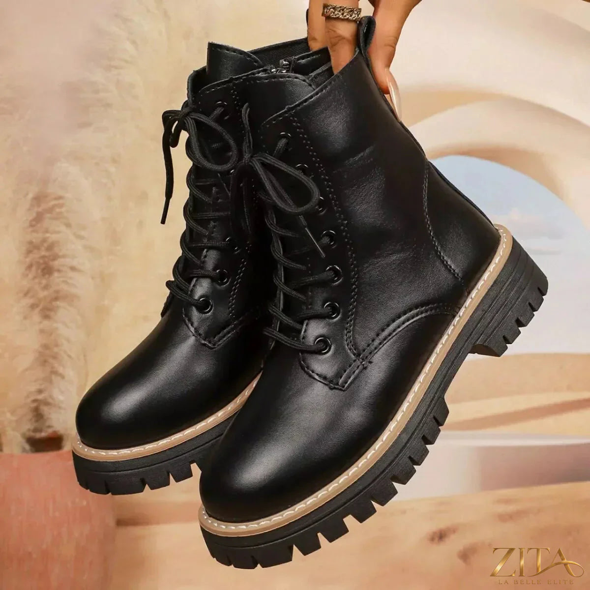 Black lace-up platform boots by Trendsi featuring chunky soles and tall shafts, perfect for edgy fashion styles.