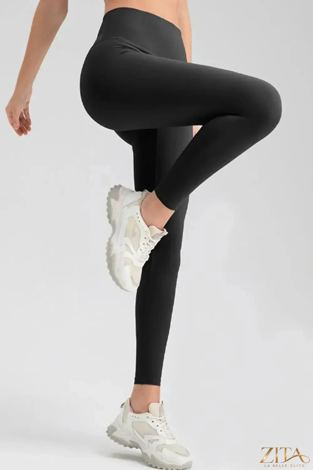 Trendsi wide waistband sport leggings in black, showing high-rise fit and stretchy fabric for activewear and workout comfort.