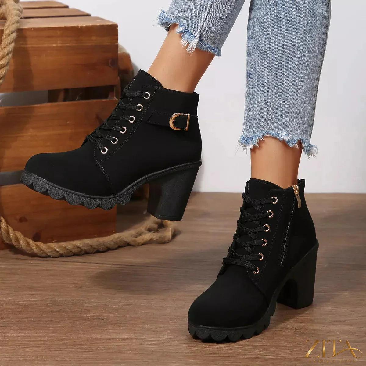 Zita La Belle Elite lace-up buckle chunky heel ankle boots with stylish design, black leather, and buckle accents.