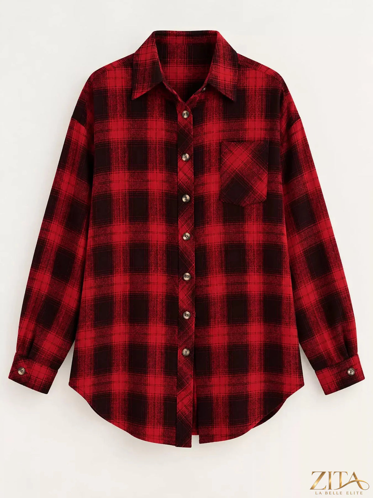 Zita La Belle Elite plaid button-down oversized shirt in black and white, featuring a relaxed fit and classic collar.