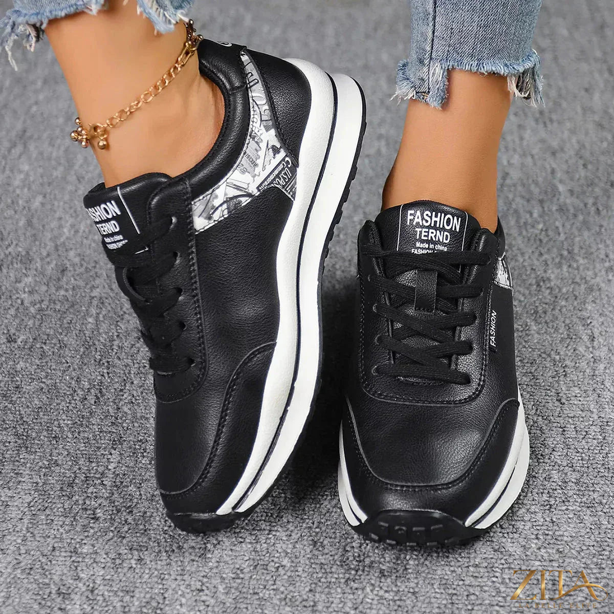 Zita La Belle Elite round toe lace-up sneakers in white with rubber sole, casual footwear for everyday wear.