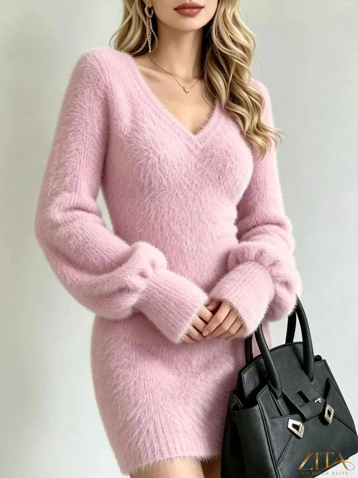 Zita La Belle Elite fuzzy knit V-neck sweater dress in cozy, soft fabric, featuring a relaxed fit and long sleeves.