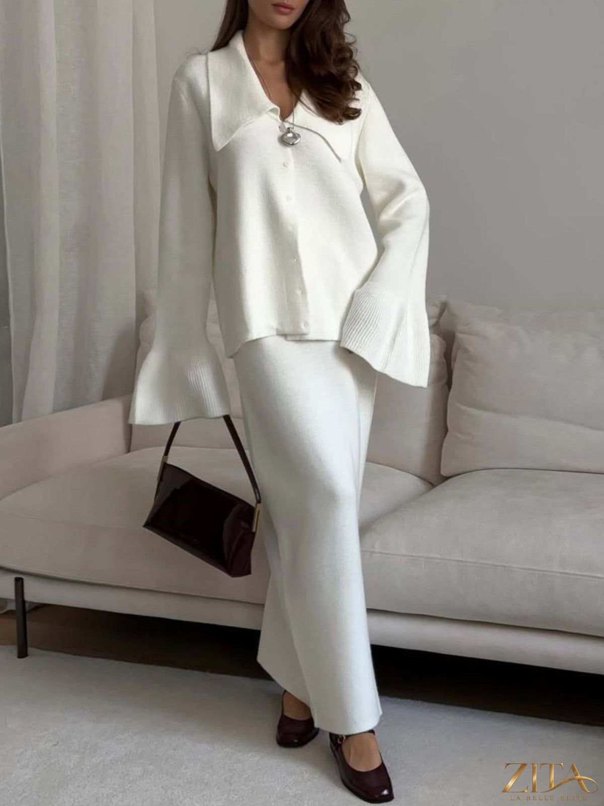 Zita La Belle Elite button-down long sleeve cardigan and matching knit skirt set, stylish and cozy for casual wear