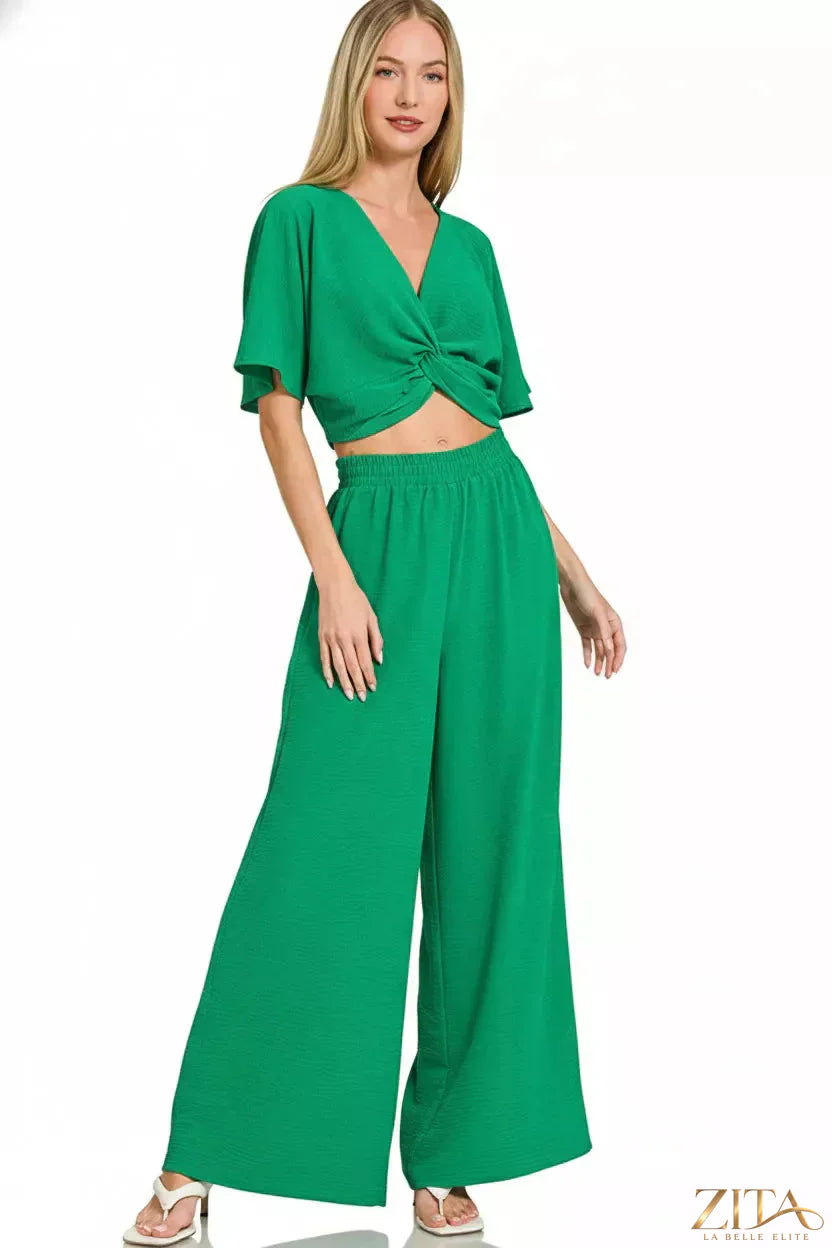 Zenana woven airflow twisted top and wide-leg pants set by Zita La Belle Elite, featuring a stylish, breathable fabric design.